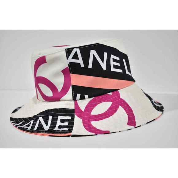 Chanel 22S Black White Pink Beige Fabric CC Logo Sun Cloche Bucket Hat Medium M main image 12